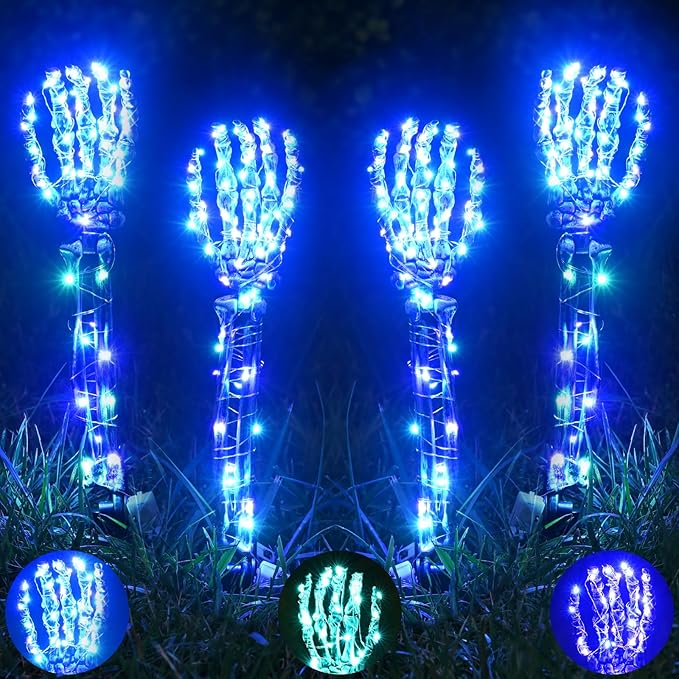 Halloween Lighted Skeleton Hands Set, 4 Pack Light Up Skeleton Arm Stakes, 4 x 3m 240 LED Green & Purple Lights with 3 Modes, Realistic Halloween Yard Outdoor Decorations Graveyard Garden