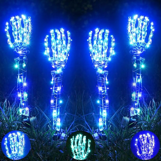 Halloween Lighted Skeleton Hands Set, 4 Pack Light Up Skeleton Arm Stakes, 4 x 3m 240 LED Green & Purple Lights with 3 Modes, Realistic Halloween Yard Outdoor Decorations Graveyard Garden