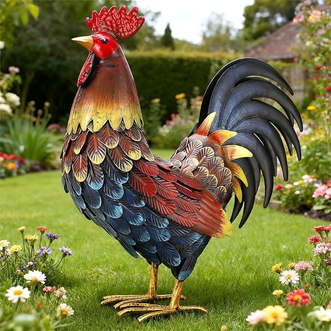 chisheen Rooster Decor Garden Statue Metal Chicken Yard Art Sculpture Outdoor Figurines