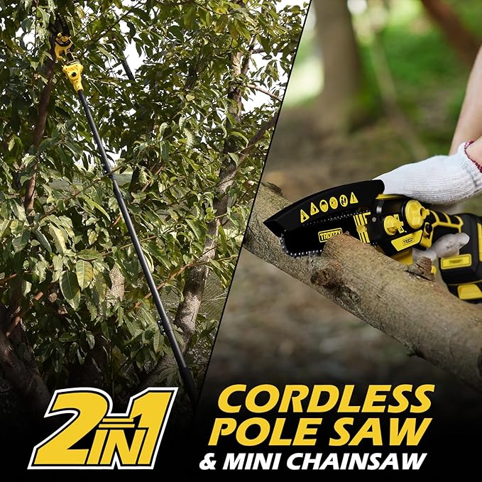 2-in-1 Cordless Pole Saw & Mini Chainsaw – 6-Inch Powerful Brushless Motor, Electric Tree Trimmer & Wood Cutter for Outdoor Pruning and Wood Cutting, Battery Included