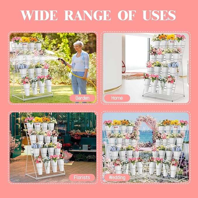 Flower Display Stand with Buckets, 4 Layers 16 PCS Buckets Plant Stand with Wheels, Movable Metal Plant Stand for Terrace Garden, Living Room, Florist Shop (White Frame - White Buckets, 4-Tier)
