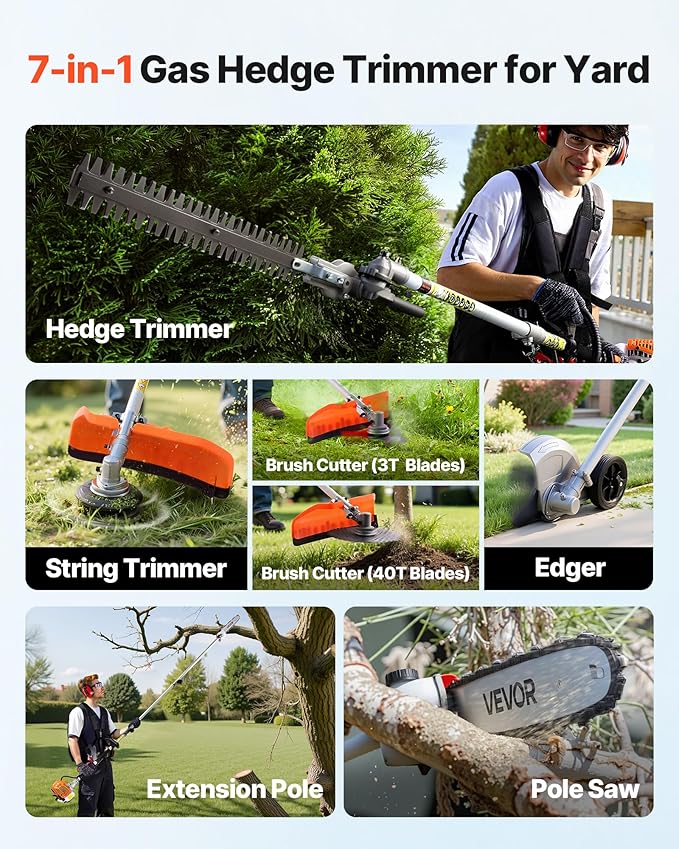 Gas Chainsaw with Extension Pole VEVOR, Top Handle 12 Inch, 26cc 2-Cycle 7-in-1 Pole Saw Multi-Tool w/Safety Gear—Hedge Trimmer, String Trimmer/Weed Eater, Edger, Brush Cutter (3T/40T)
