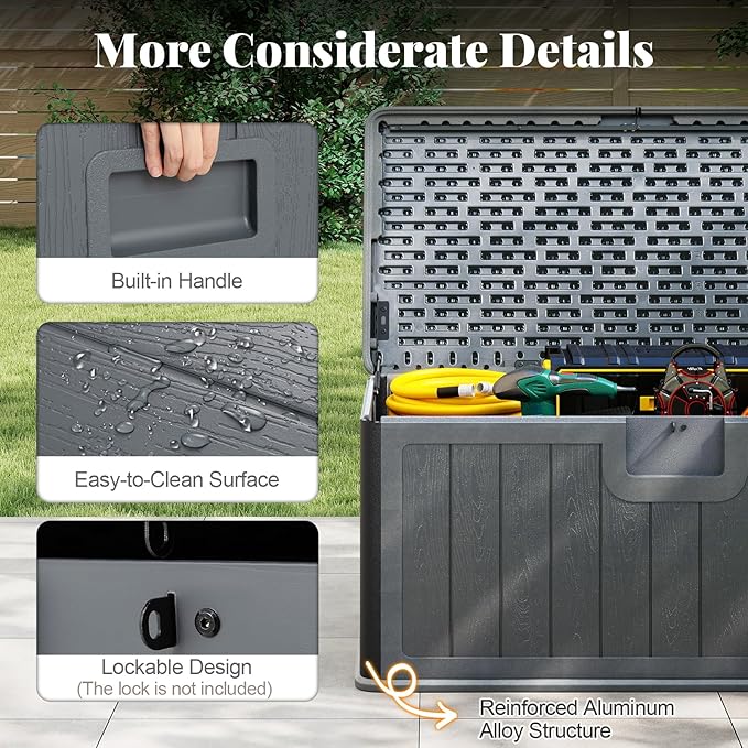 HAPPYGRILL Outdoor Storage Deck Box with Lockable Design & Gas Strut, Handle, 100 Gallon HDPE Patio Storage Organizer for Lawn Backyard Poolside (Gray)