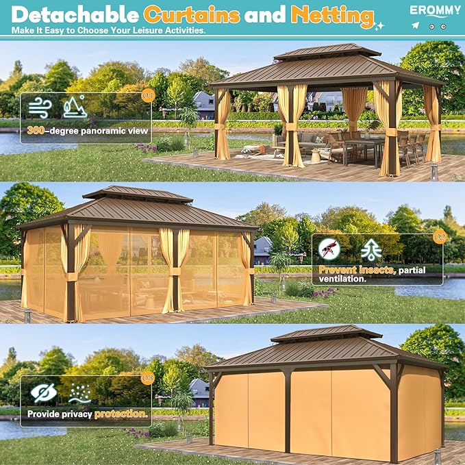 EROMMY 12'x18' Gazebo Hardtop, Galvanized Steel Double Roof Metal Gazebo with Aluminum Frame, Permanent Outdoor Pavilion with Curtain and Netting for Patio, Lawn and Garden, Brown
