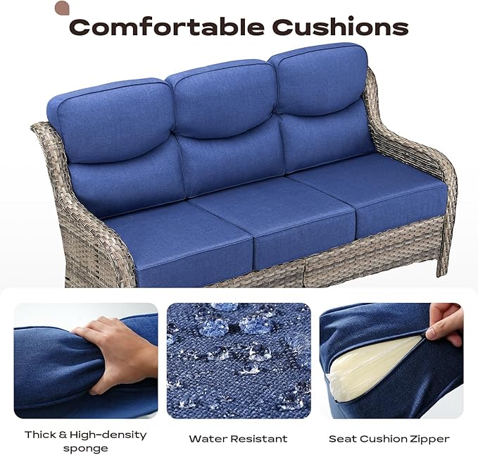 Rilyson Wicker Outdoor Patio Furniture Set - 5 Piece Patio Conversation Sets with Swivel Rocker Chairs, Ottomans and Sofa, 6 inch Cushions, Waterproof Wicker, for Porch Deck Mixed Grey/Blue