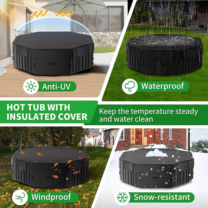 4-6 Person Square Inflatable Hot Tub, Blow Up Portable Hot Tub, Leak-Proof PVC Outdoor Spa with 130 Strong Air Jets, Heater Pump and Insulated Cover