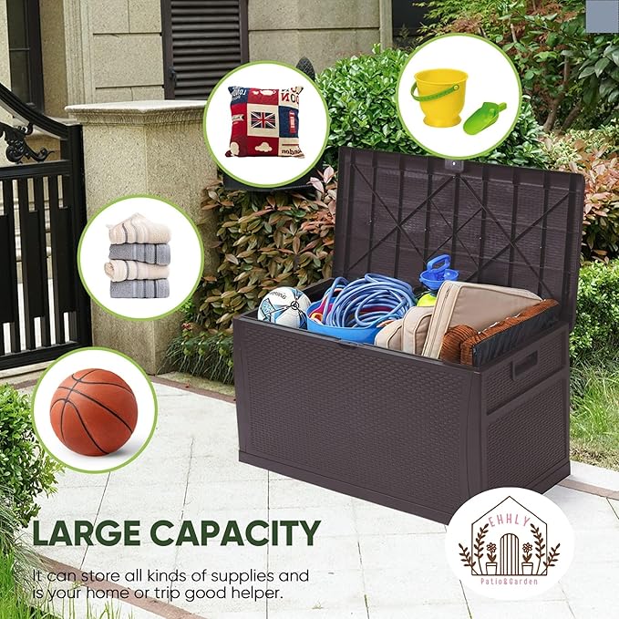 121 Gallon Outdoor Storage Box Large, Lockable Outside Storage Containers Waterproof Patio Cushions Storage Deck Boxes, Rattan Plastic Garden Hose Storage Boxes Resin Pool Storage Bins, Brown