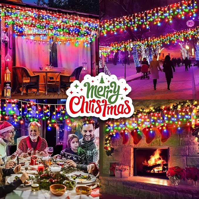KNONEW 99ft 1216 LED Christmas Lights Outdoor 8 Modes Curtain Fairy String Light with 228 Drops, Clear Wire LED String Light Decor for Wedding Party Christmas Decorations(Multicolor)