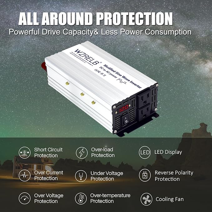 WZRELB 800W Power Inverter 12V DC to 110V 120V AC,1600W Peak Modified Sine Wave Car Inverter with LED Display,Dual AC Outlets,Soft Starter,Off-Grid Power Converter with High Efficiency up to 90%
