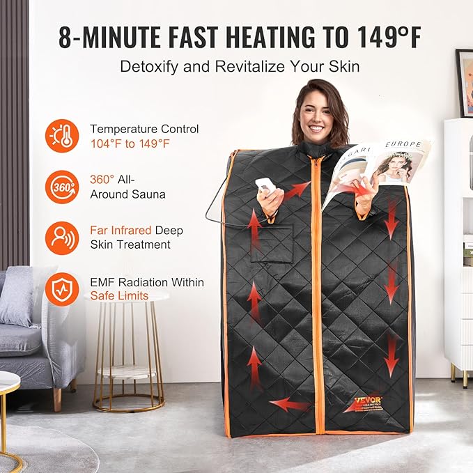 VEVOR Infrared Portable Sauna Tent, 1050W Personal Sauna Kit for Home Spa, Heated Body Therapy, Time & Temperature Remote Control with Chair & Floor Mat & Storage Bag, Black, 2.2’x 2.6’x 3.2’