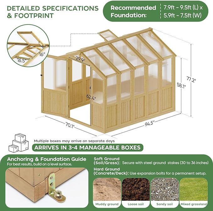 6 * 8 FT Wood Greenhouses for Outdoors Heavy Duty, Outdoor Greenhouse Kit with Adjustable Roof Vent and Reinforced Panels, Walk in Polycarbonate Greenhouse for Outside Garden & Backyard, Light Honey