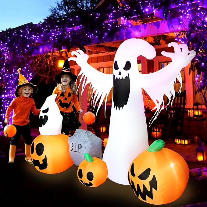 8 Ft Halloween Inflatables Outdoor Decorations, Halloween Decorations Ghost Pumpkins Tombstone with Built-in LED Lights for Halloween Party Indoor Outdoor Decor