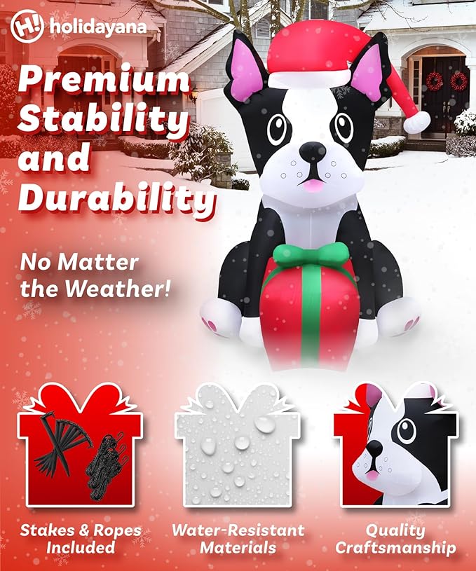 Holidayana Christmas Inflatables Large 5ft Tall Boston Terrier Dog with Gift - Inflatable Outdoor Christmas Decorations Blow Up X-mas Decorations for Yard, Lawn & Garden Internal Lights & Built-in Fan
