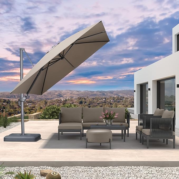 PURPLE LEAF 10 FT Cantilever Patio Umbrella Outdoor Aluminum Offset Square Umbrella with 3 Years Fade Resistance Recycled Fabric and 360-degree Rotation for Deck Pool Garden, Ash Mocha