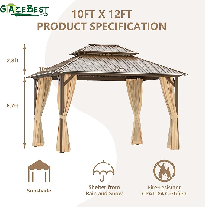 10'x12' Hardtop Gazebo Outdoor Aluminum Patio Gazebo Double Roof Galvanized Steel Canopy with Netting and Curtains for Garden, Backyard,Deck and Lawns