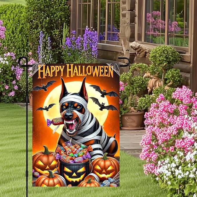 Happy Halloween Garden Flag 12x18 Inch Doberman Mummy Dog Decorative Yard Flag Double Sided Halloween Outdoor Decor Trick or Treat Candy Banner