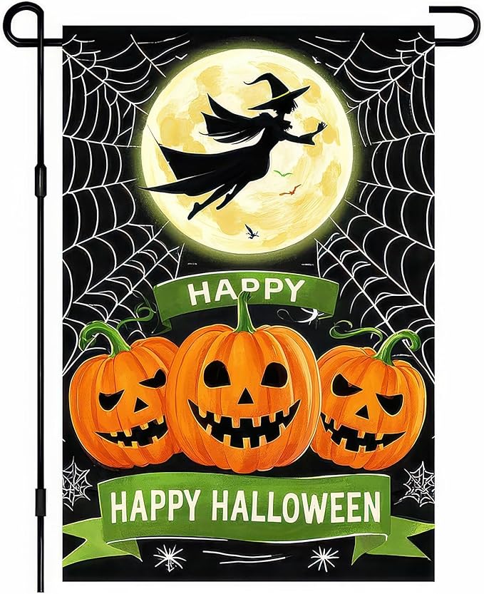 Happy Halloween Garden Flag 12x18 Inch Double Sided Witch Flying Over Moon Pumpkin Flags Spider Web Small Yard Flag for Halloween Outdoor Lawn Decoration