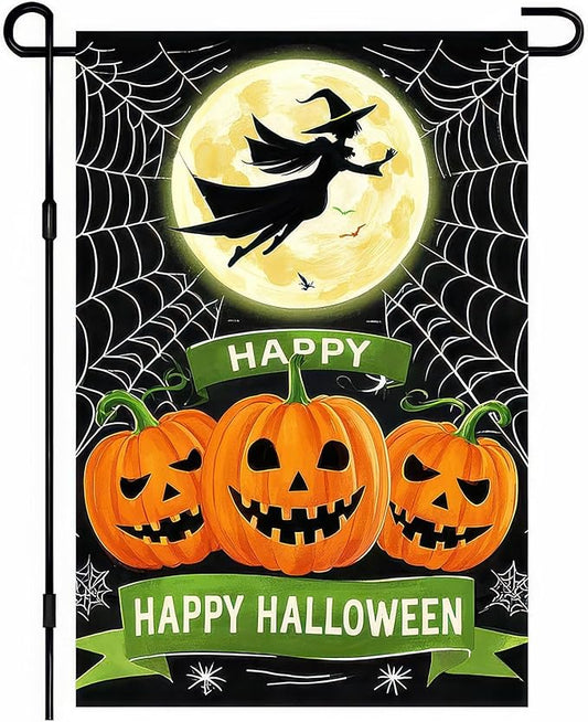 Happy Halloween Garden Flag 12x18 Inch Double Sided Witch Flying Over Moon Pumpkin Flags Spider Web Small Yard Flag for Halloween Outdoor Lawn Decoration