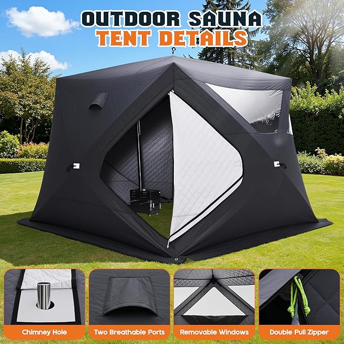 Albott Outdoor Sauna Tent, Portable Wood Burning with Stove, 4-6 Person Steam for Dry Sauna, Oxford Cloth & Carbon Steel Stove with Stone, 8.2’ x 8.2’ x 6.7’, Grey