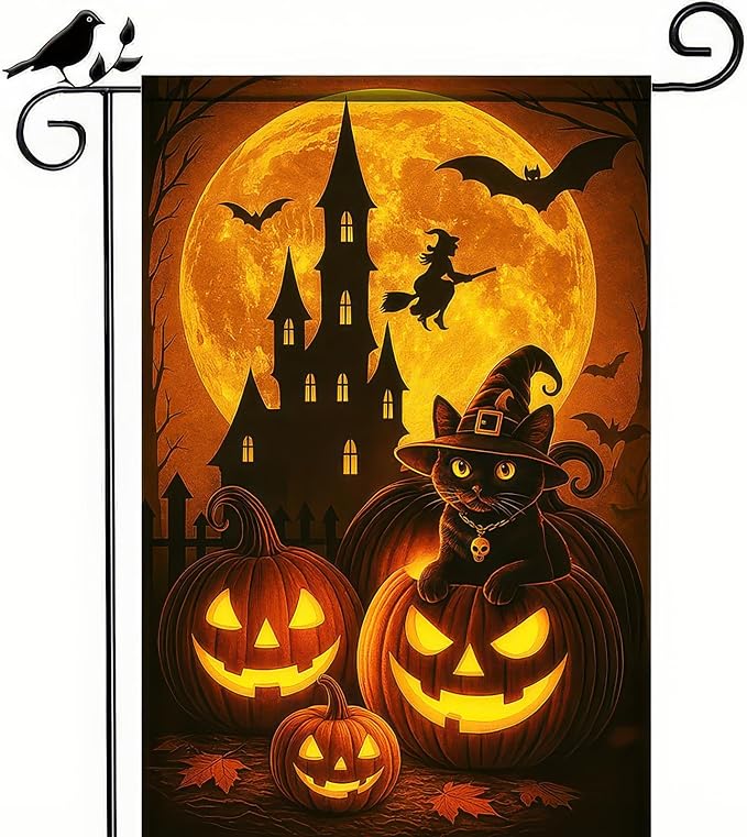 Happy Halloween Garden Flag 12x18 Inch Double Sided Black Cat Flags Pumpkin Witch Haunted Castle Banner Moon Bat Spooky Small Yard Flag for Halloween Outdoor Decoration