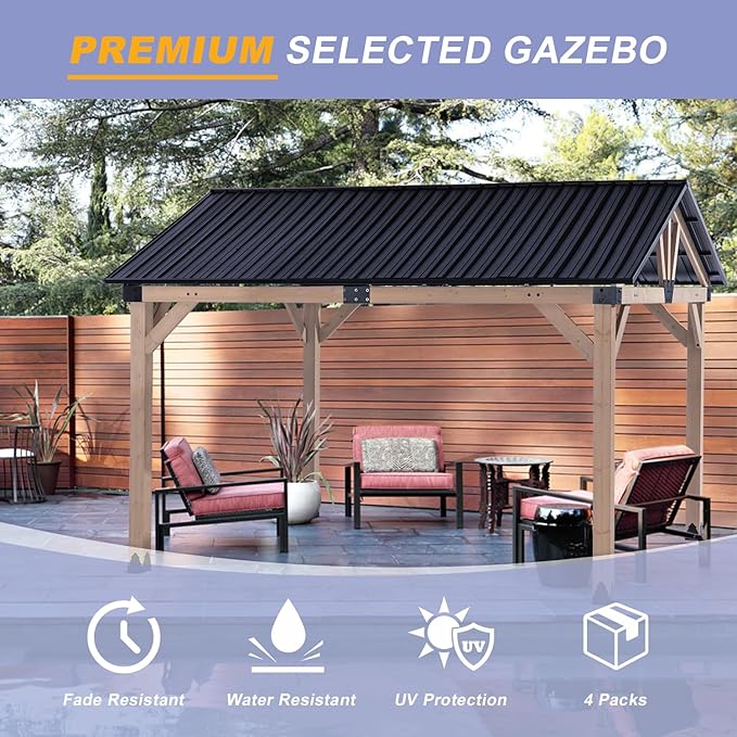 CHARMELEON Wood Gazebo 10x12 FT – Hardtop Metal Roof Patio Cedar Gazebo with Wood Frame for Outdoor– Gable Roof Pavilion para Patio, Backyard, Deck, Lawn and Garden