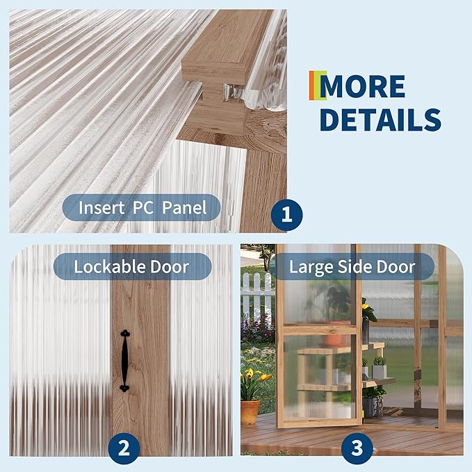 4x6FT Wooden Greenhouse with Cedar Frame, Outdoor Wood Greenhouses with Roof Vent, Wood and Polycarbonate Walk-in Greenhouse