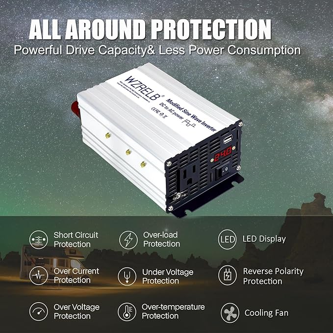 WZRELB 500W Power Inverter 24V DC to 110V 120V AC,Modified Sine Wave Car Inverter for Vehicles with LED Display,5V/2.4A USB Port,Soft Starter,Off-Grid Power Converter with High Efficiency up to 90%