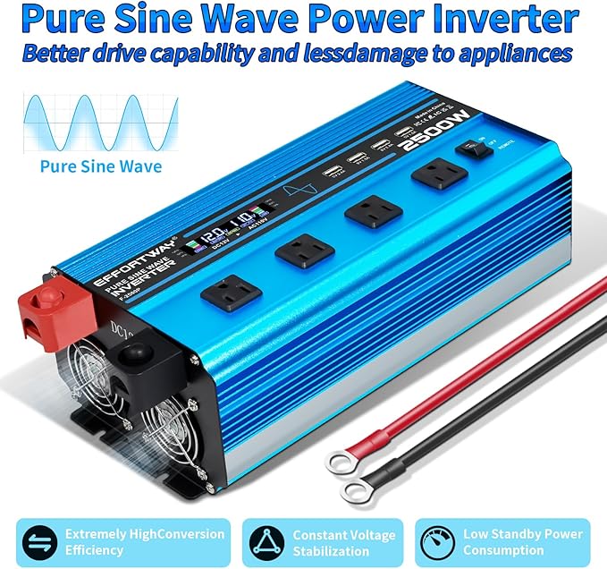 2500w Pure sine Wave Inverter DC 12V to AC 110V/120V Converter, 5000w (Peak) with LCD Display, Wireless/Wired Remote Control, 4AC outlets and 4USB.Ideal for Camping, RV Travel, Off-Grid Solar Systems