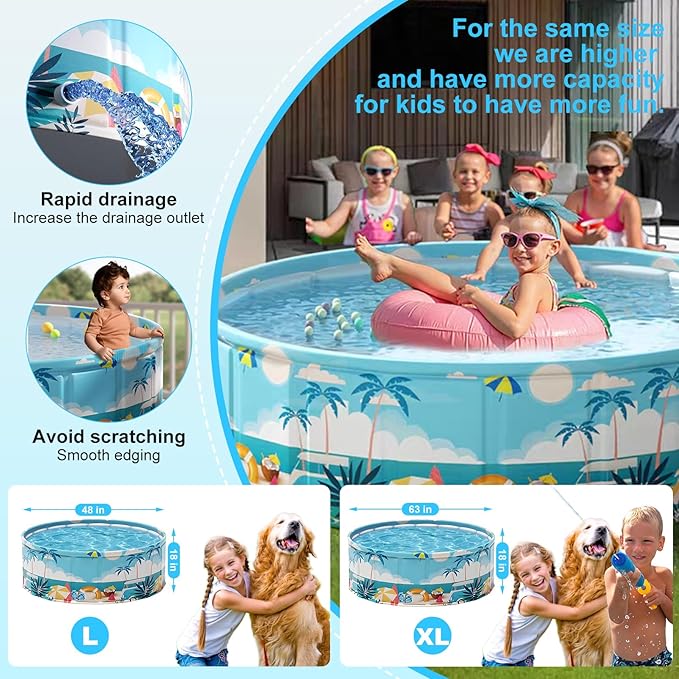 Foldable Swimming Pool for Kids 48"x18" Hard Plastic Portable Dog Pool Anti-Slip Collapsible Pets Bathtub Kiddie Pool Indoor Outdoor Backyard (Beach Party 48'')