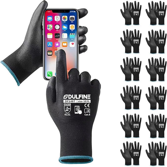 Safety Work Gloves PU Coated for Men and Women-12 Pairs,Black Seamless Knit Glove with Two Fingers Touchscreen,Ideal for General Duty Work (X-Large)