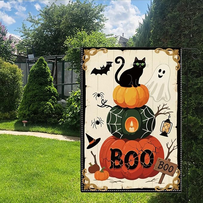Halloween Boo Garden Flag Scary Ghost Bat Fall Halloween Themed Holiday Party Outside Outdoor Lawn Decorations Yard Flag Double Sided 12x18 Inch
