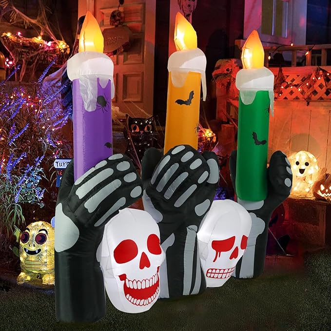 Halloween Inflatable Decoration Skull Candles 6 FT Halloween Inflatables Outdoor Blow up Outdoor Halloween Inflatables Decorations with LED Light Built-in for Holiday Party Yard Decor