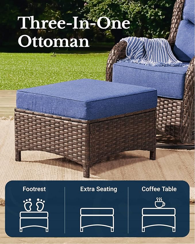 HILLGA Luxury Patio Furniture Set with 6-inch Thick Cushion, Outdoor Sectional Sofa and High Back Swivel Rocker Patio Chairs, 11PCS Wicker Conversation Set for Deck Yard and Poolside, Blue (V2)