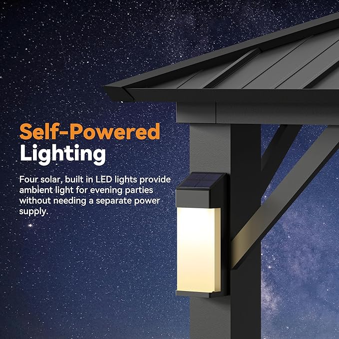 Modern Shade The Horizon Hardtop Gazebo 12' x 12' with 4 LED Lights, Permanent Outdoor Gazebo with Galvanized Steel Double Roof, Grill Pavilion with Decor Hooks, Mosquito Nettings, Black