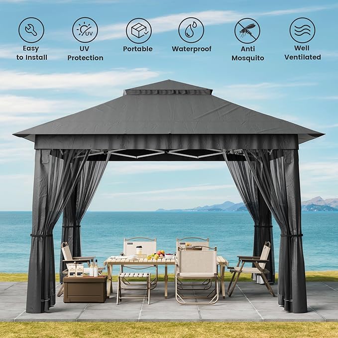 Bealife 11x11 Pop Up Gazebo Tent with Mosquito Netting, Outoor Canopy Tent with 4 Sandbags, 8 Stakes, 4 Ropes, Roller Bag, Pop Up Canopy Tent for Lawn Backyard Garden Deck, Grey