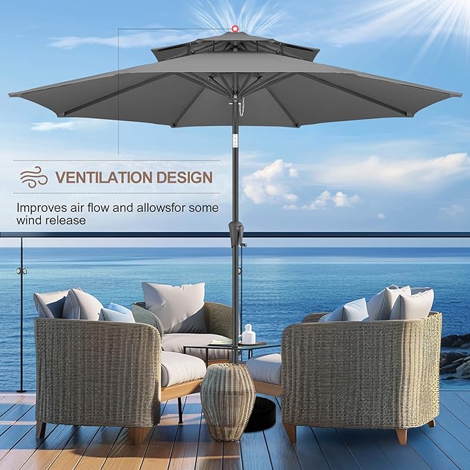 FLAME&SHADE 9ft Patio Umbrella - 2 Tiers Outdoor Umbrella with Push Button Tilt and Crank for UV Protection, Table Market Umbrella for Garden, Deck, Backyard, Pool and Beach(Anthracite)