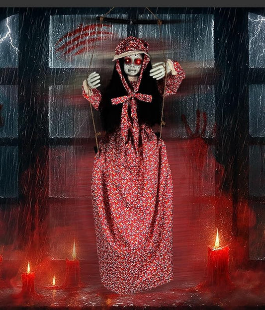 Scary Halloween Decorations Hanging Swinging Doll Girl for Indoor & Outdoor Props, Sound, Touch & Clap Activated with Creepy Sounds & Light-Up Eyes for Halloween Haunted House or Yard Lawn Prop