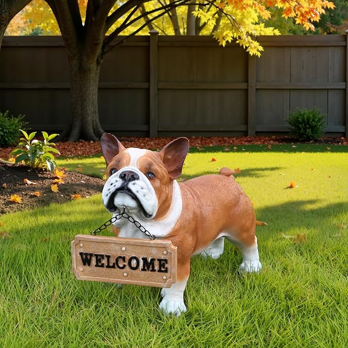 French Bulldog Outdoor Dog Statue with Reversible “Welcome/ON Patrol” Hanging Plaque and Solar Walkway Lantern, Brown & White Standing Yard Accent