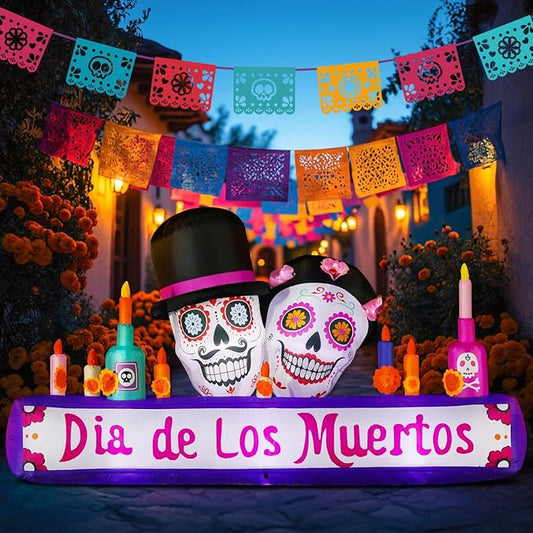 DomKom 8FT Halloween Inflatable Blow Up Decorations, Dia de Los Muertos Day of Dead Catrina Skulls Altar, Built-in LEDs for Holiday Party, Garden, Lawn, Yard, Patio Décor