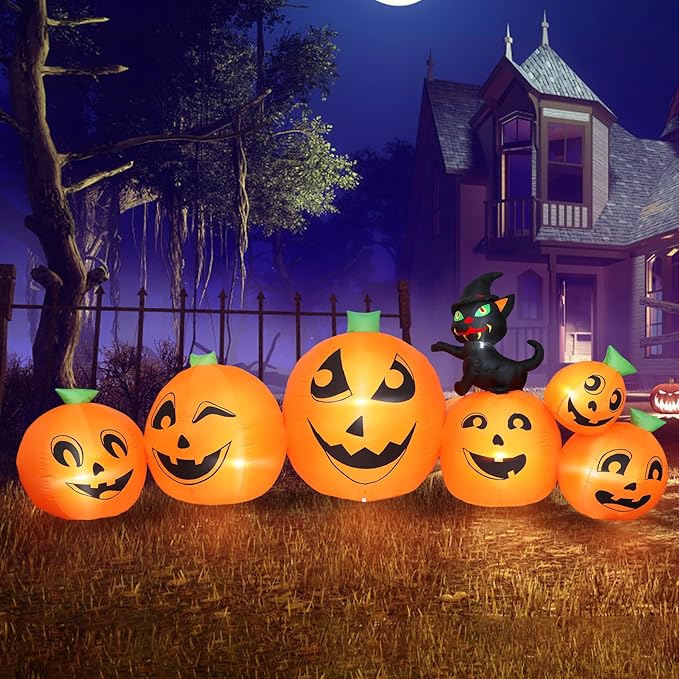 10FT Long Halloween Inflatable Pumpkin Patch with Black Witch's Cat, Giant Pumpkin Patch with Build-in LED Lights, Blow up Inflatable Decoration for Outdoor Large Party Yard Decoration