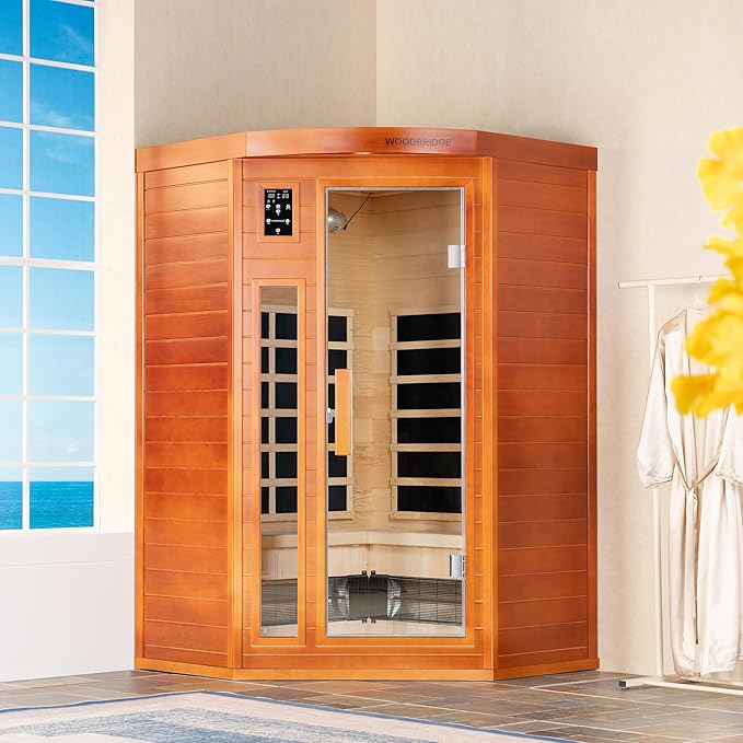 Woodbridge Infrared Sauna Room 2 Person Hemlock Wood Indoor Corner Sauna with 7 Carbon Heaters, Red Light Therapy,Bluetooth Speaker,Intelligent Dual Control System,Tempered Glass,Exterior Brim Light