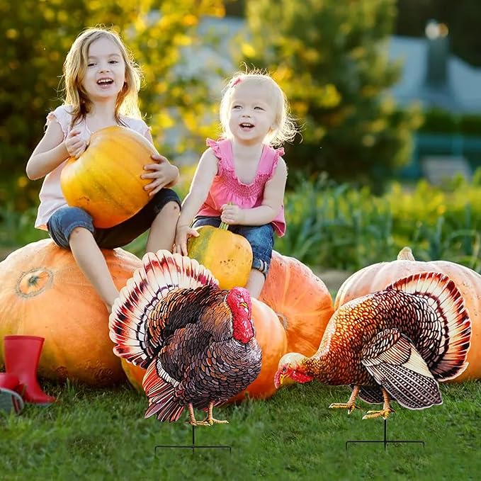 A Set of Metal Turkey Garden Wooden Stakes, 2 Outdoor Thanksgiving Yard Decorations, Colorful Turkey Garden Statues, Waterproof and Stable (Colorful Turkeys)