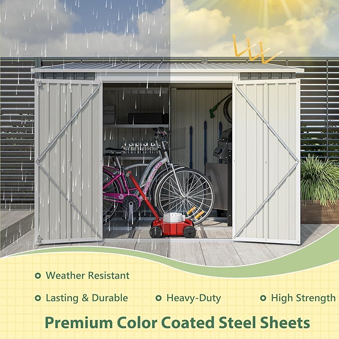 8x6 FT Metal Outdoor Storage Shed with Adjustable Side Door & Lockable Double Doors, Aluminum Frame, Waterproof Tool Shed with Floor Frame, Durable Garden Storage for Backyard & Patio