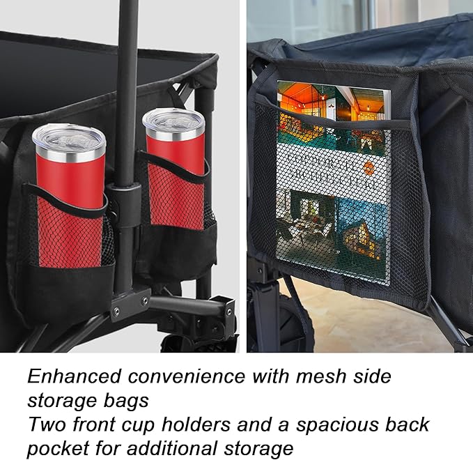 Eurmax USA Collapsible Outdoor Folding Wagon Cart All-Terrain Utility Wagon Heavy Duty Camping Patio Shopping Garden Sporting Wagon Cart with Side Bag & Cup Holder