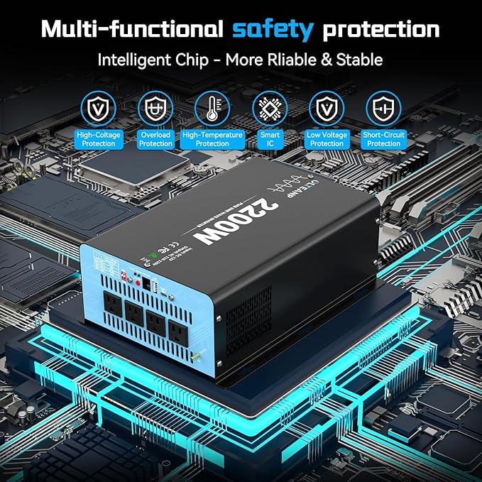 New Upgraded 2200 Watts Pure Sine Wave Inverter, 12V DC to 110V AC Power Inverter with 4 AC Outlets, USB Port, Type-C Port for Truck, Vehicle, Power Outage, Remote Control with LCD Screen