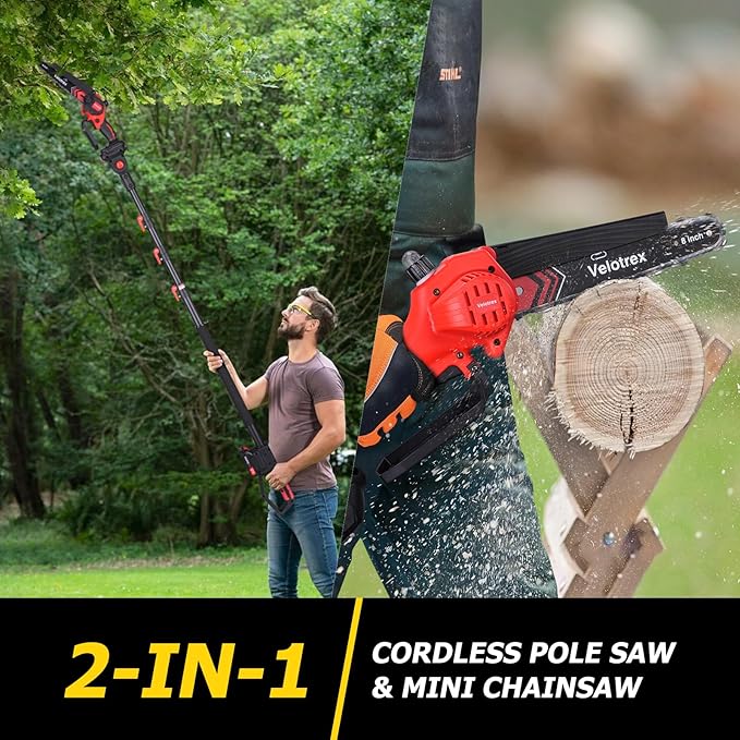 2-IN-1 Cordless Pole Saw and Mini Chainsaw, 8 Inch Brushless Electric Pole Saws for Tree Trimming, Auto Oiling,15ft Max Extension Pole Chainsaw with 2 * 2000mAh Batteries for Branch Cutting