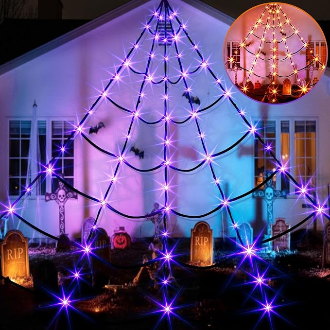 EAMBRITE Giant Spider Web Lights Halloween Decorations Outdoor with 135 LED Purple & Orange Lights, 17Ft Outside Huge Lighted Black Spider Web Halloween Light for Yard Party Haunted House Decor