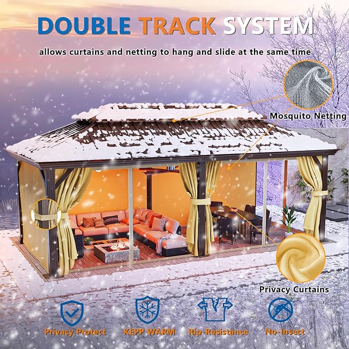 HOTEEL 12x20 Hardtop Gazebo with Metal Roof & Drainage System, Heavy Duty Galvanized Steel Gazebo with Reinforced Aluminum Frame, Privacy Curtains and Netting, for All-Weather, Brown (2025 Upgraded)