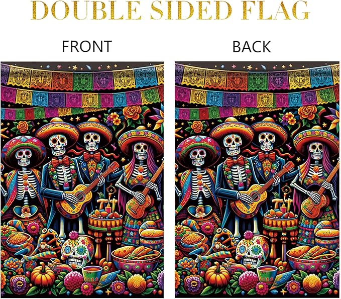 Day of the Dead Garden Flag 12x18 Inch Mexican Sugar Skull Skeleton Band Yard Banner Double Sided Outdoor Dia de los Muertos House Flag Colorful Skull Porch Lawn Decor