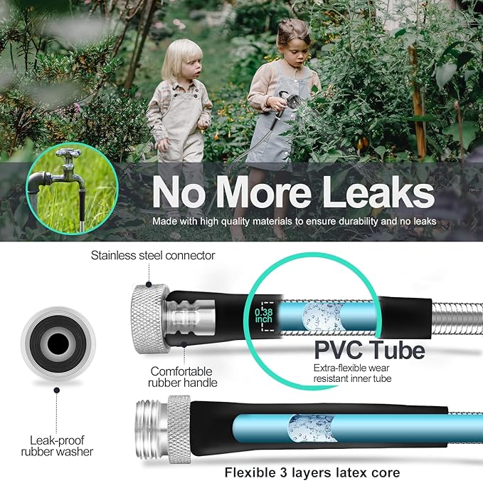 SPECILITE 175ft 304 Stainless Steel Garden Hose Metal, Heavy Duty Water Pipe with Nozzles for Yard, Outdoor - Flexible, Never Kink & Tangle, Puncture Resistant (Sliver)